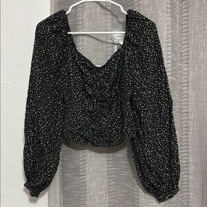 A New Day Black Cropped Blouse with Bell Sleeves and Ruched Style